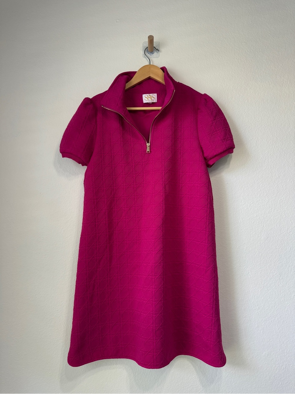 SSYS The Label Hot Pink Textured Puff Sleeve Quarter Zip Mini Dress Size S - Picture 3 of 6